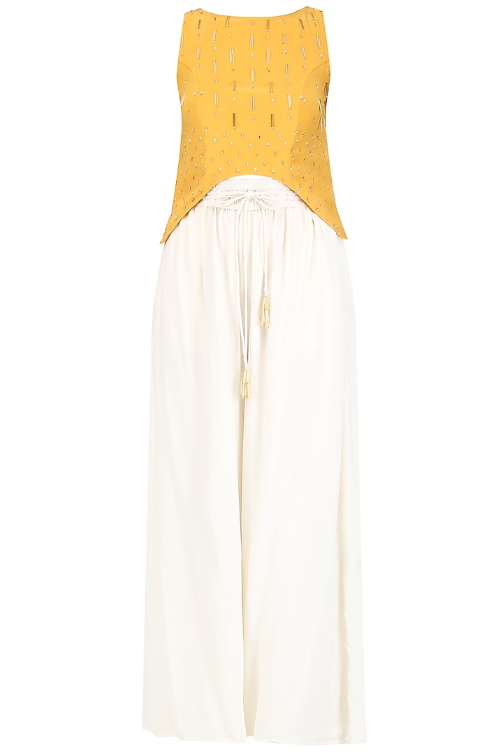 Mariegold Yellow Asymmetric Top with Ivory Pants Set by Aashna Behl