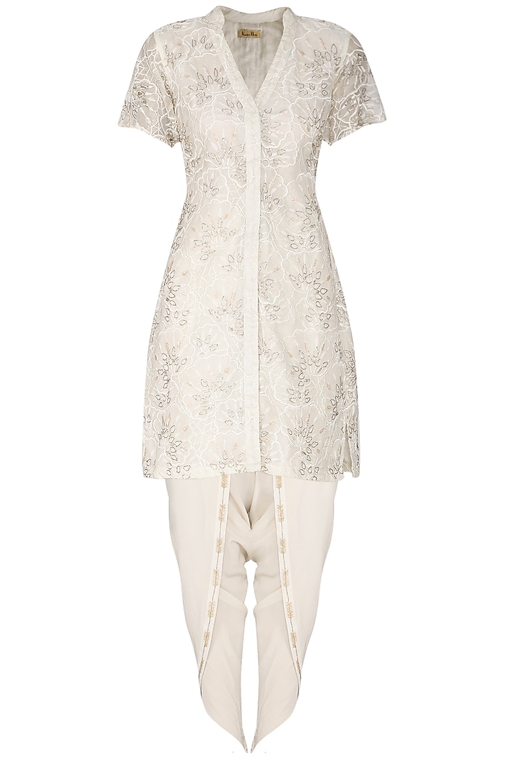 Ivory Cutwork Embroidered Jacket with Dhoti Pants by Aashna Behl