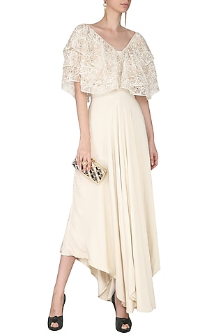 Ivory Cutwork Ruffles Jumpsuit by Aashna Behl