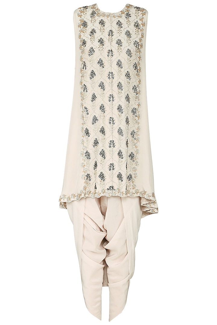 Ivory Embroidered Asymmetrical Jacket with Dhoti Pants by Aashna Behl
