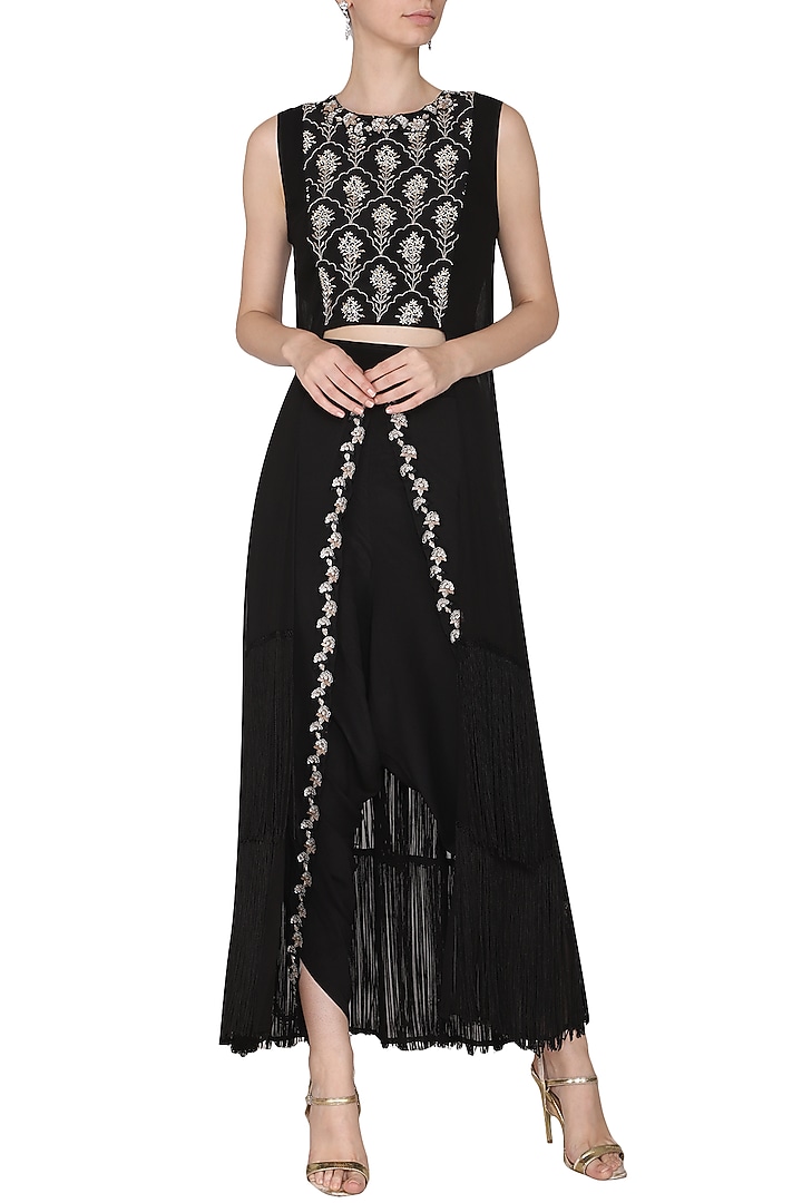 Black embroidered fringes cape blouse with dhoti pants available only at Pernia's Pop Up Shop.