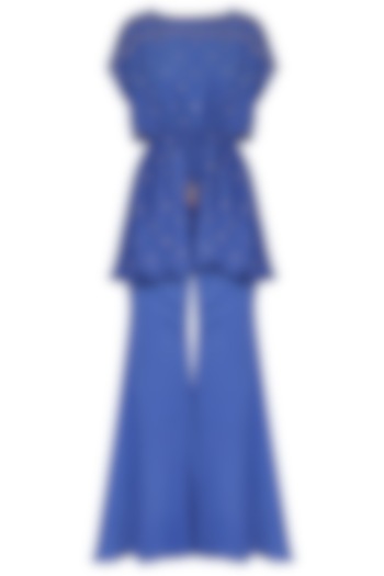 Royal blue embroidered kaftan top with flared pants available only at Pernia's Pop Up Shop.