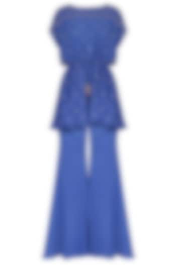 Royal Blue Embroidered Kaftan Top with Flared Pants by Aashna Behl
