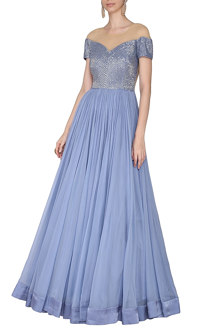 Lavender embroidered off shoulder gown available only at Pernia's Pop Up Shop.