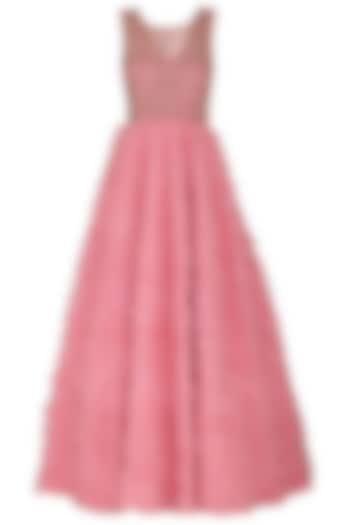 Rose Pink Embroidered Frills Gown by Aashna Behl