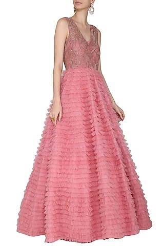 Rose Pink Embroidered Frills Gown by Aashna Behl