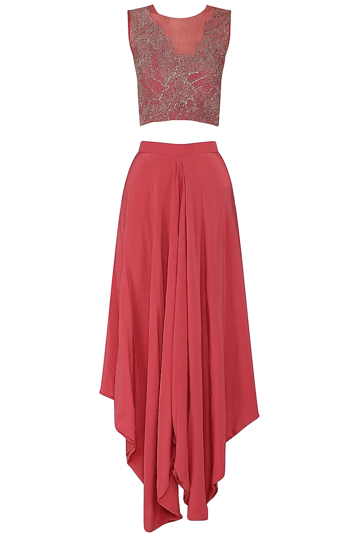 Carrot red embroidered cape with blouse and pants available only at Pernia's Pop Up Shop.