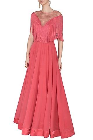Carrot Red Embroidered Fringes Gown by Aashna Behl