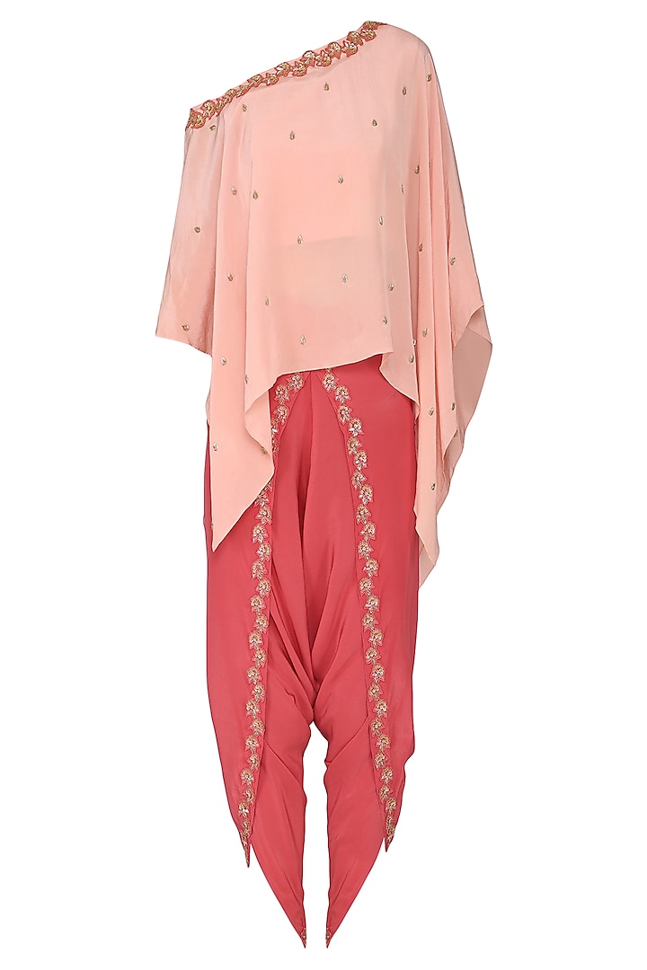 Peach Embroidered One Shoulder Kaftan with Red Dhoti Pants by Aashna Behl