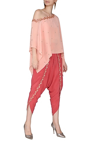 Peach Embroidered One Shoulder Kaftan with Red Dhoti Pants by Aashna Behl