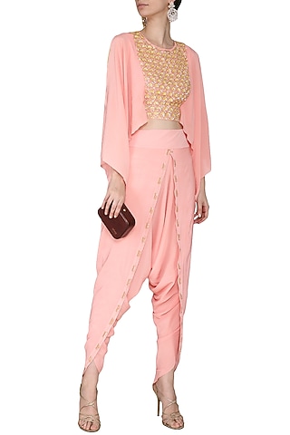 Peach Embroidered Drape Top with Dhoti Pants by Aashna Behl