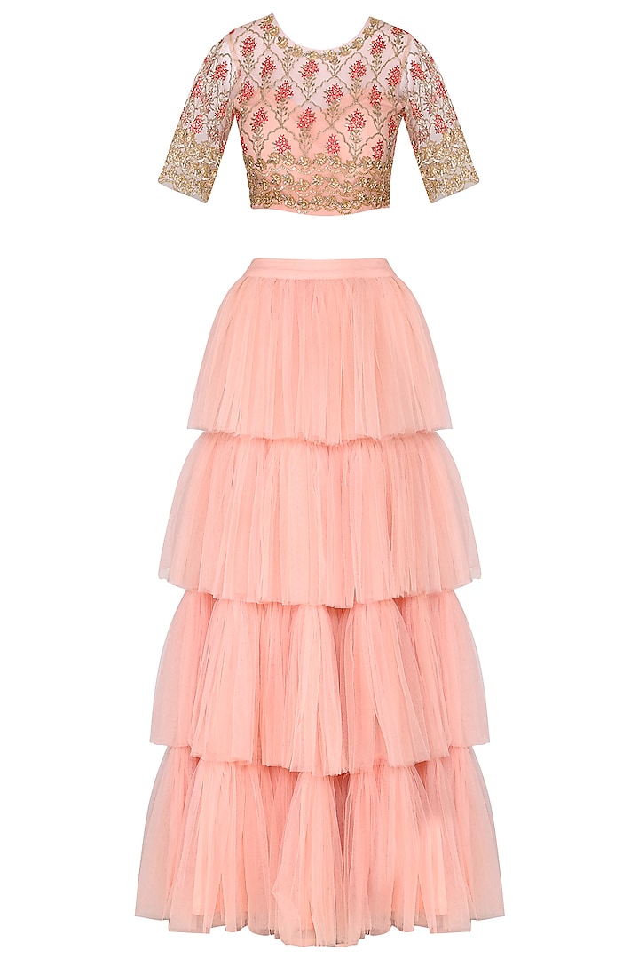 Peach Embroidered Blouse with Tiered Ruffles Lehenga Skirt by Aashna Behl