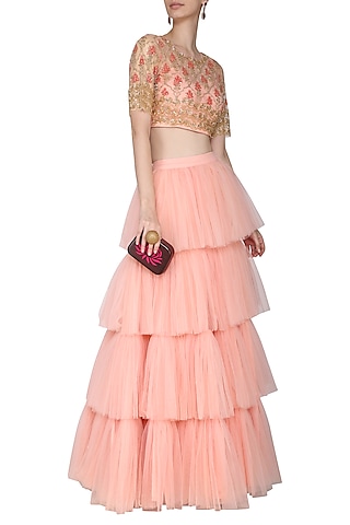 Peach Embroidered Blouse with Tiered Ruffles Lehenga Skirt by Aashna Behl
