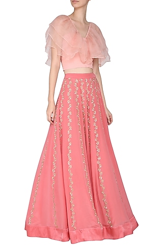 Peach Ruffles Blouse with Pink Embroidered Lehenga Skirt by Aashna Behl