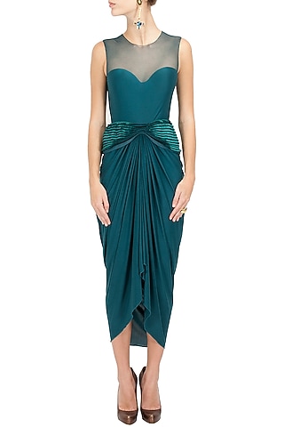 Teal peplum draped dress by Amit Aggarwal