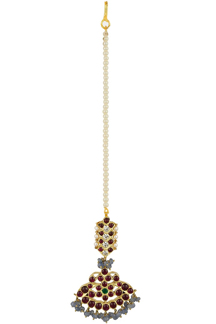 Aaharya presents Gold leafing kemp stone and saphhire crescent maang tikka available only at Pernia's Pop Up Shop.