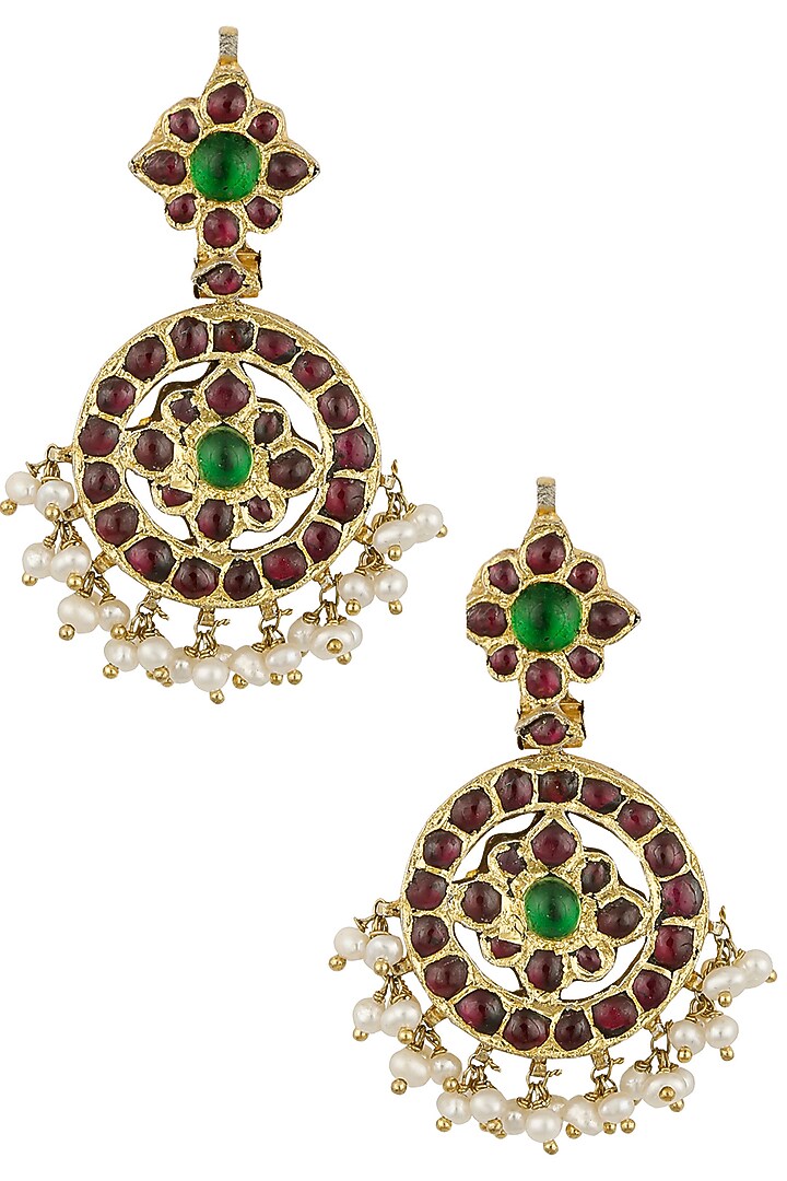 Aaharya presents Gold leafing pearl cluster and kempstone earrings available only at Pernia's Pop Up Shop.