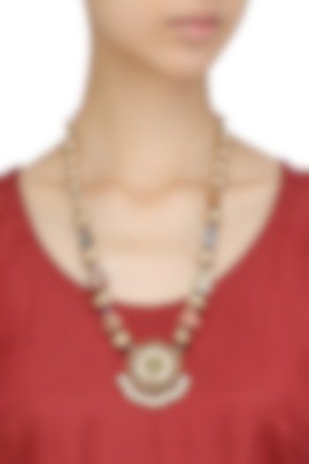 Gold Leafing Multi-Jewel Stone Floral Motif Long Necklace by Aaharya