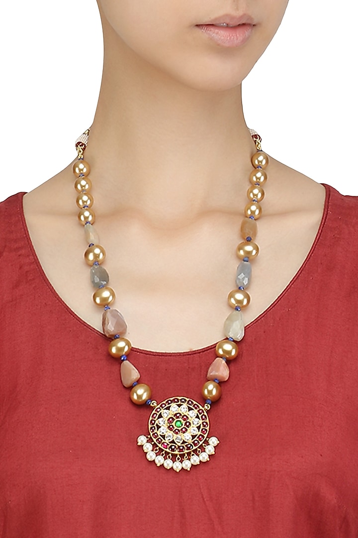 Gold Leafing Multi-Jewel Stone Floral Motif Long Necklace by Aaharya