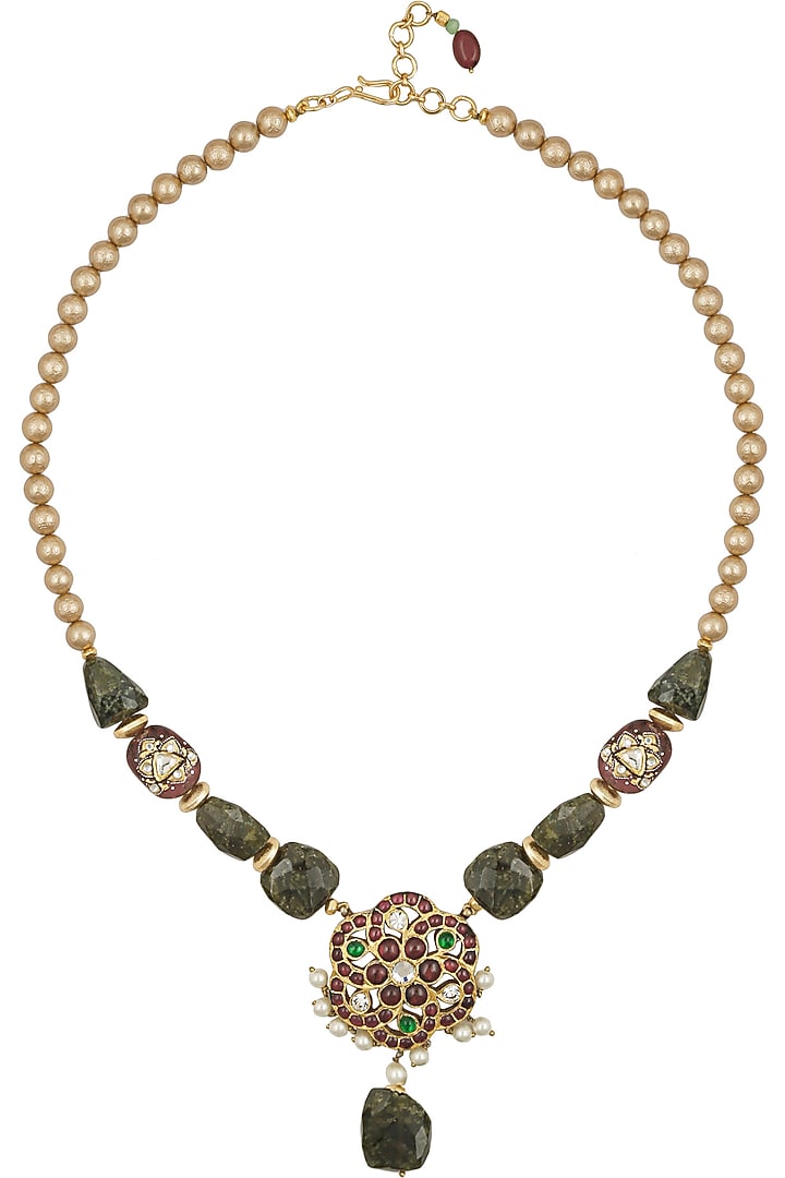 Aaharya presents Gold leafing vassonite stone and pearl danglers necklace available only at Pernia's Pop Up Shop.
