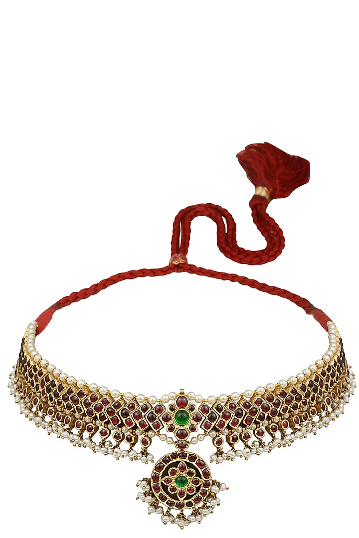 Aaharya presents Gold leafing green and red kemp stones choker available only at Pernia's Pop Up Shop.