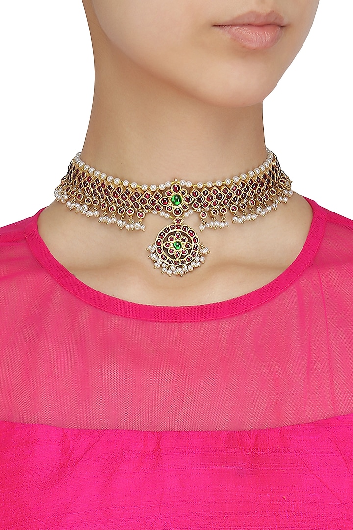 Gold Leafing Green and Red Kemp Stones Choker by Aaharya