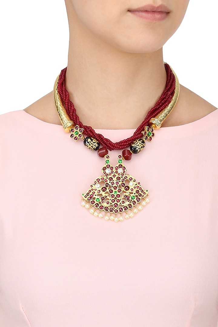 Gold Leafing Red-Green Kemp Stones and Agate Necklace by Aaharya