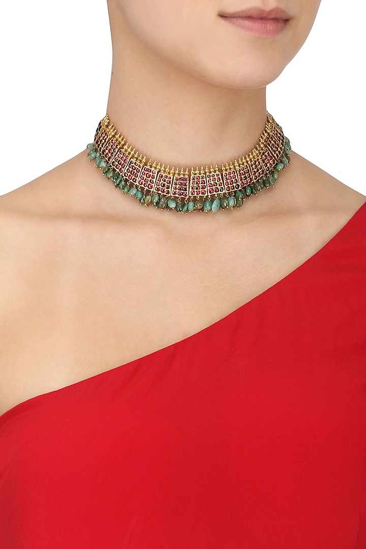 Gold Leafing Kempstones and Emerald Jewel Necklace by Aaharya