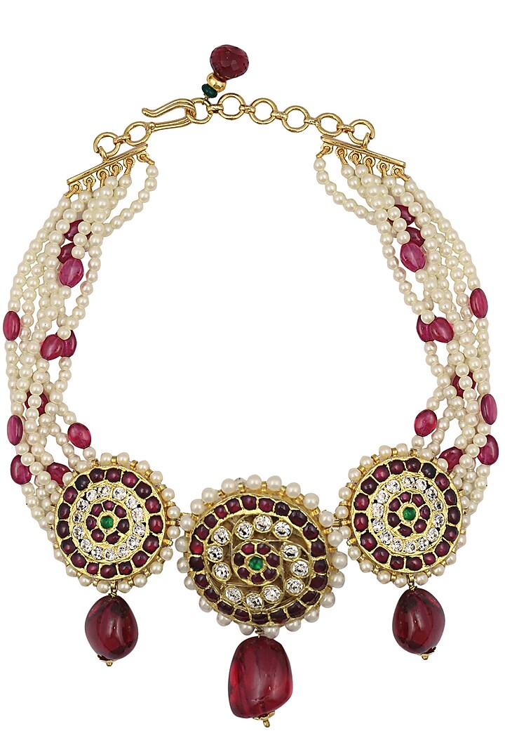 Aaharya presents Ruby pearl and kempstone multistrand necklace available only at Pernia's Pop Up Shop.