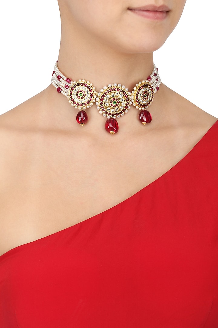 Ruby Pearl and Kempstone Multistrand Necklace by Aaharya