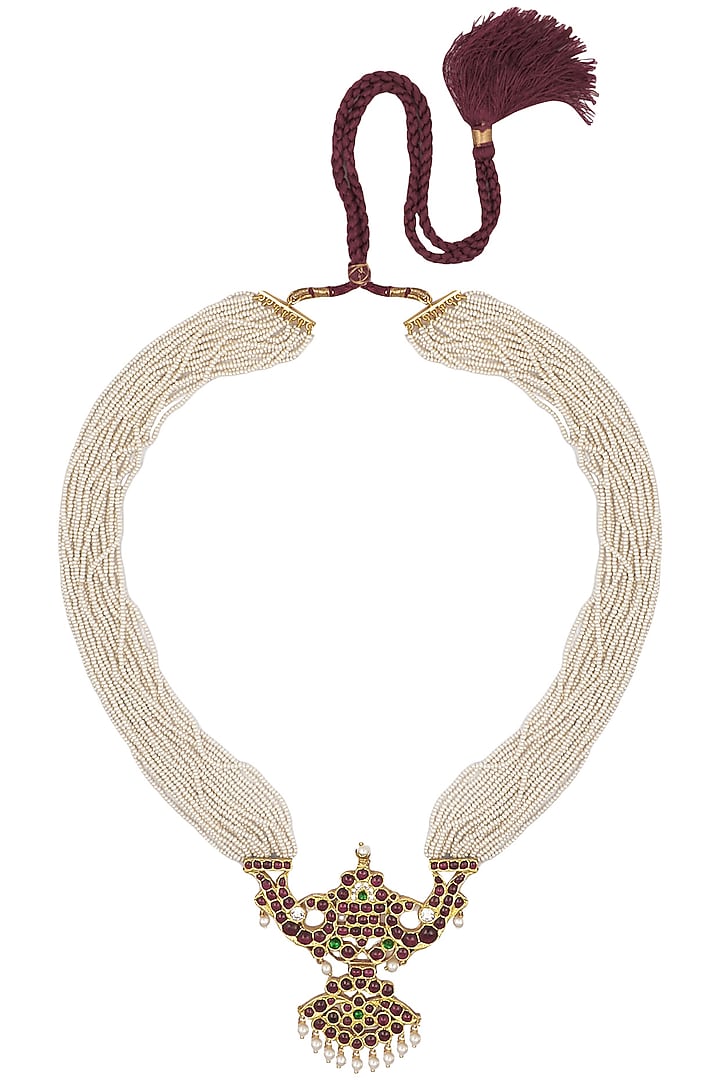 Aaharya presents Gold leafing kempstone and pearl pendant multi strand necklace available only at Pernia's Pop Up Shop.