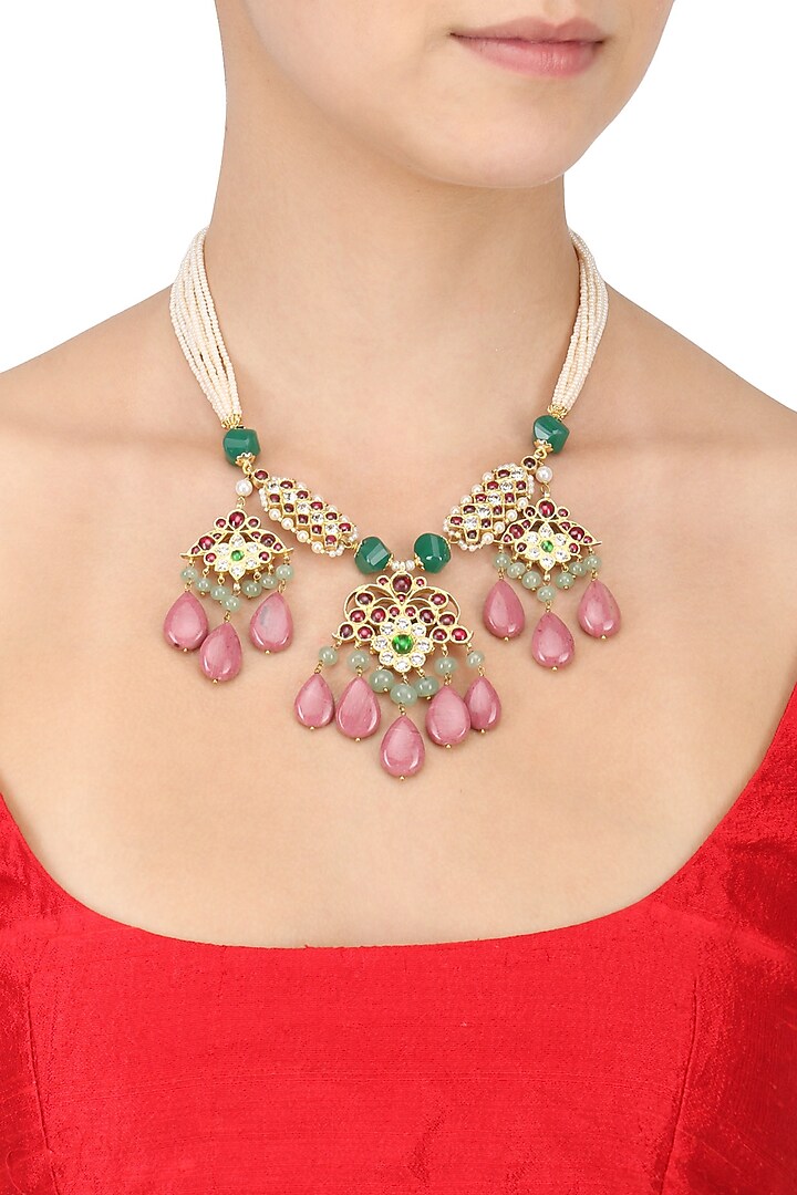 Gold Leafing Kemp Stone Multi-Jewel Stone Necklace by Aaharya