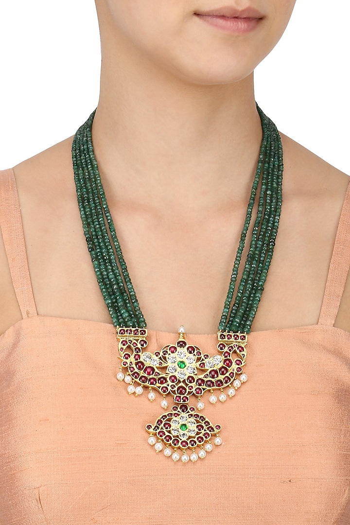 Gold Leafing Emerald and Kempstone 5 Strand Necklace by Aaharya