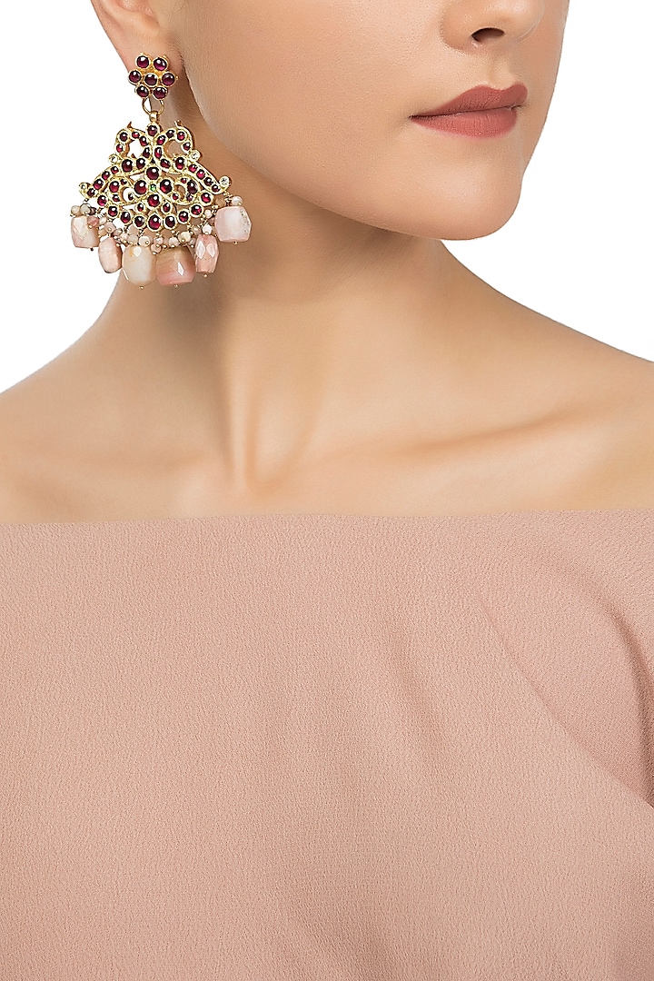 Gold Plated Pink Pearls Embellished Earrings by Aaharya