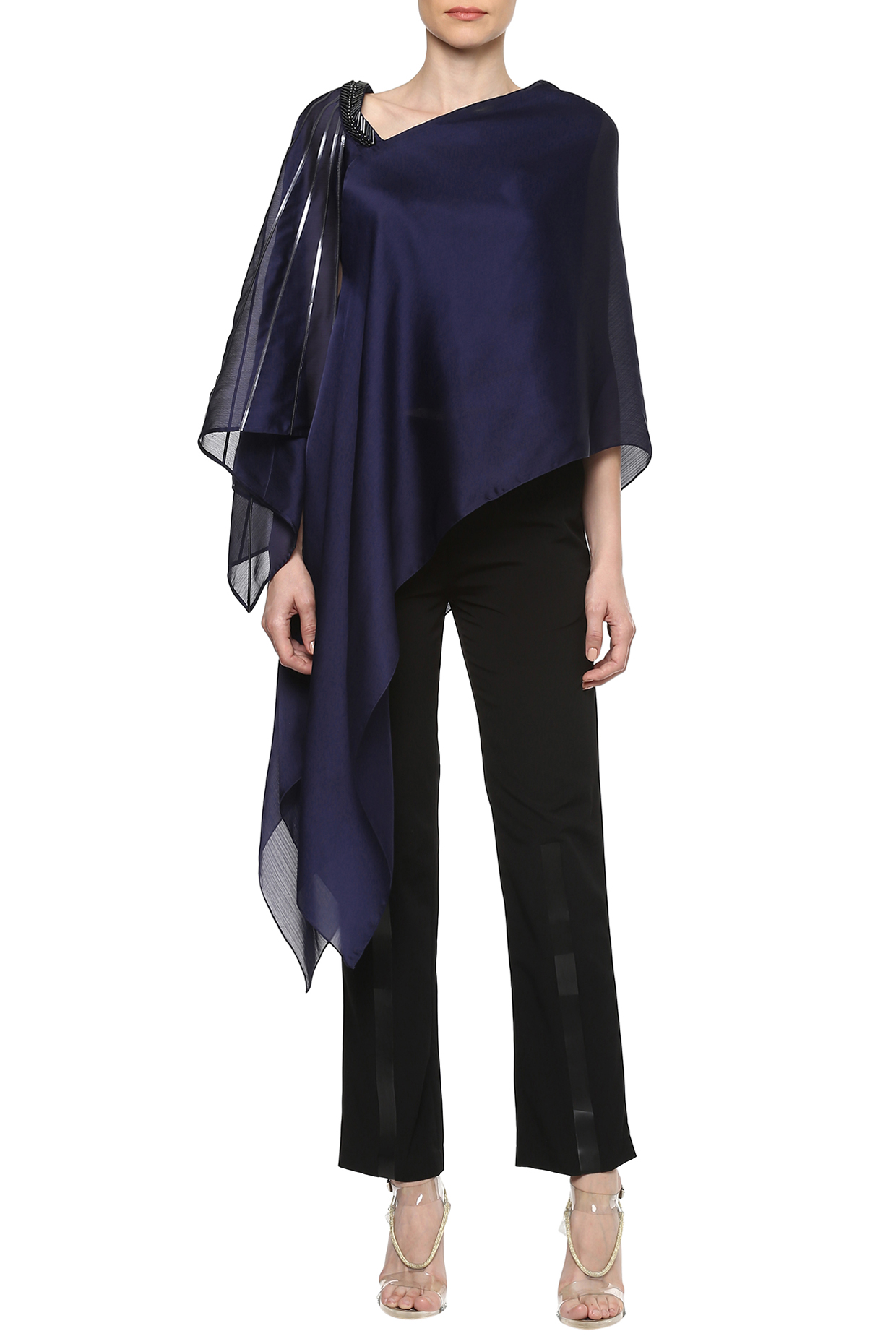 Ink Blue Asymmetrical Cape Top by Amit Aggarwal