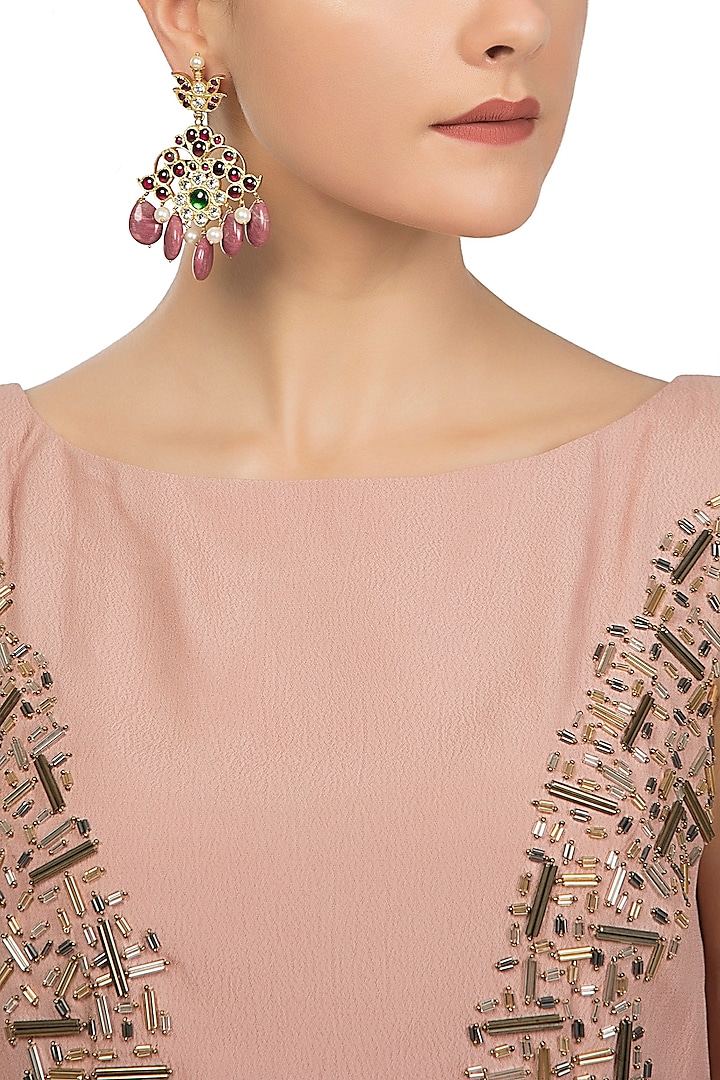 Gold Plated Multi Stones Embellished Earrings by Aaharya