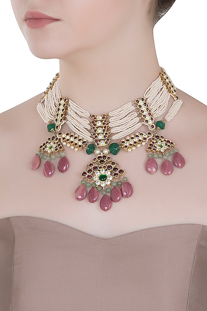 Gold Plated Kemp Stones Necklace by Aaharya
