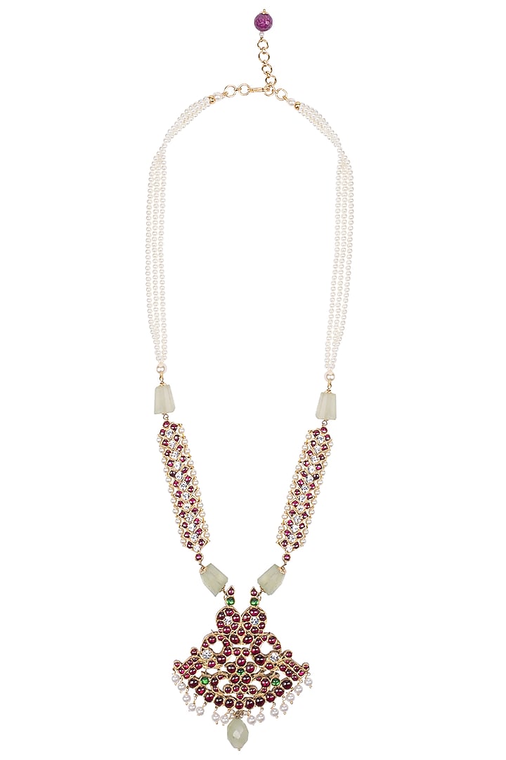 Gold plated red kemp stones and quartz embellished necklace available only at Pernia's Pop Up Shop.