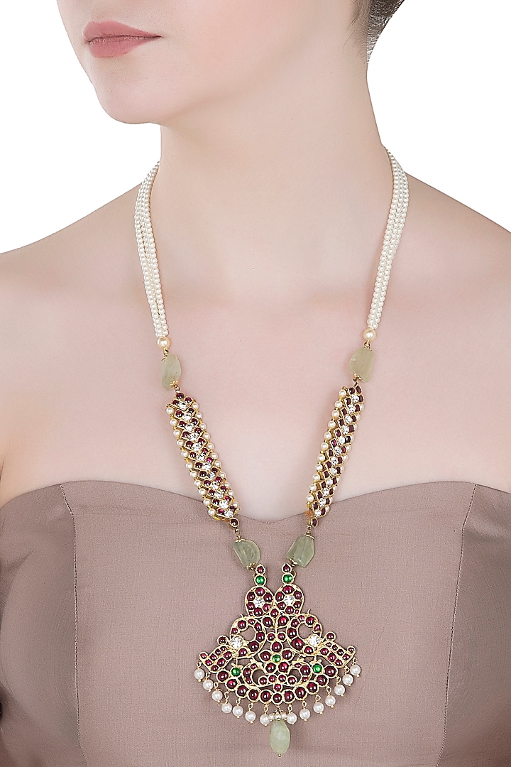 Gold Plated Red Kemp Stones and Quartz Embellished Necklace by Aaharya