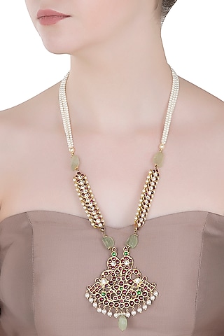 Gold Plated Red Kemp Stones and Quartz Embellished Necklace by Aaharya