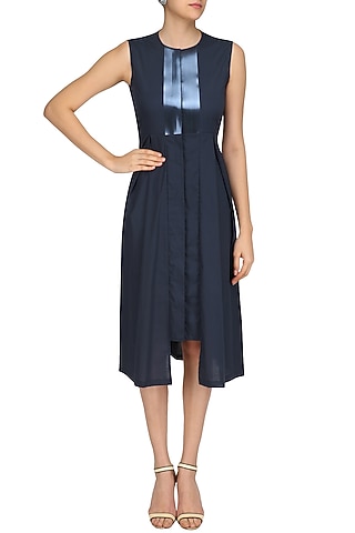 Black Leather Panel Flared Tunic Dress by Amit Aggarwal