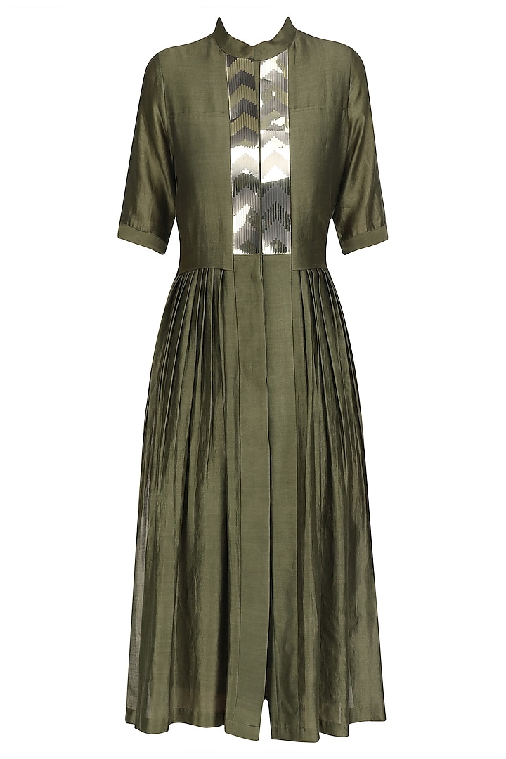 Olive Green Flared Shirt Dress by Amit Aggarwal