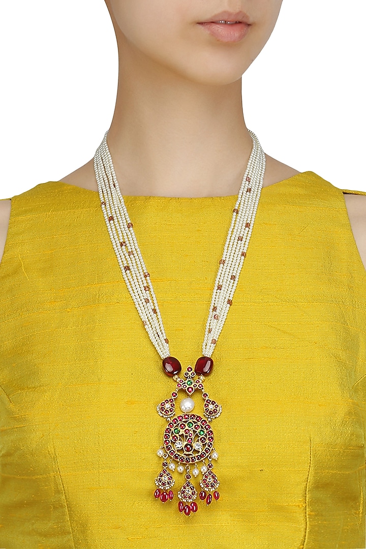 Gold Leafing Peacock Pendant Pearl Necklace by Aaharya