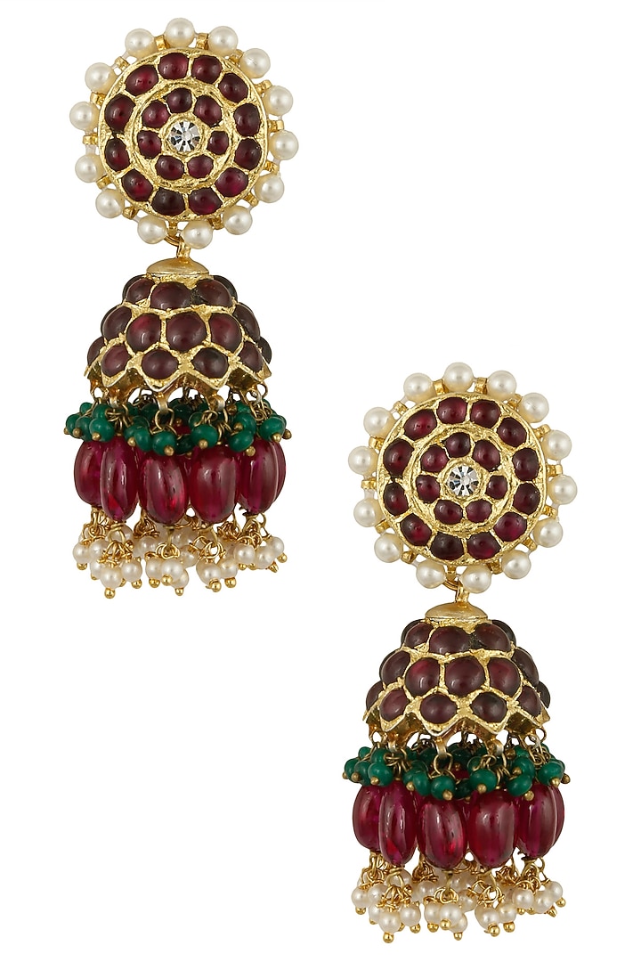 Aaharya presents Gold leafing ruby jhumki earrings available only at Pernia's Pop Up Shop.