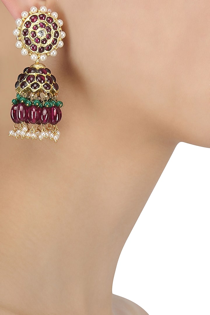 Gold Leafing Ruby Jhumki Earrings by Aaharya