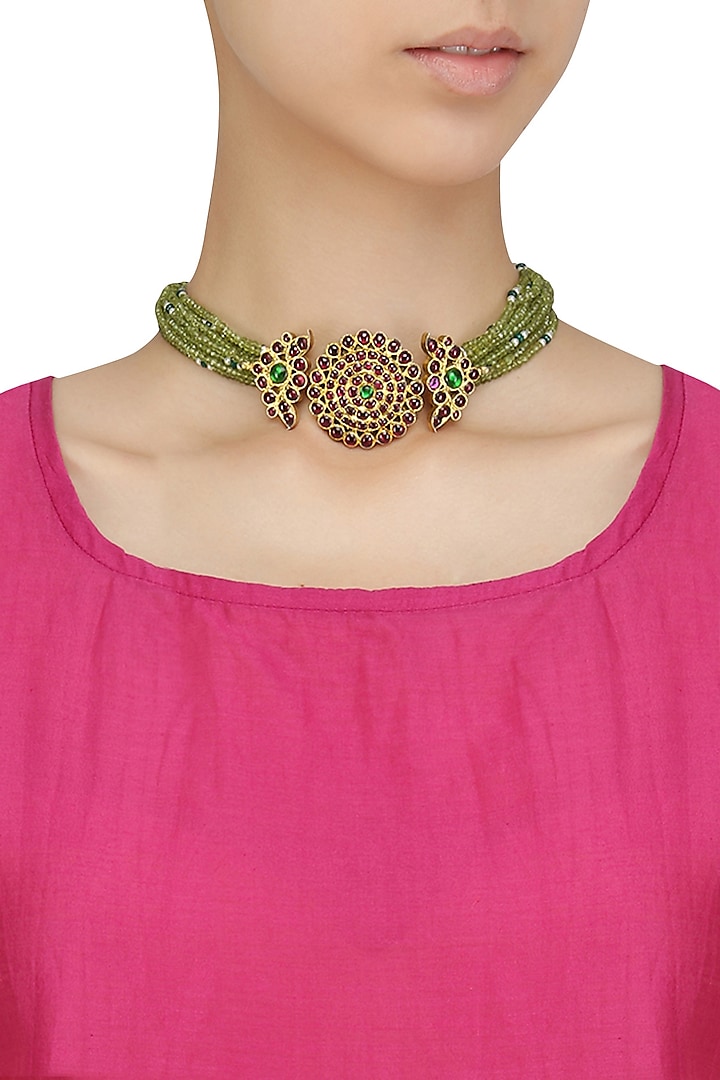Gold Leafing Floral Design Pendant Choker by Aaharya
