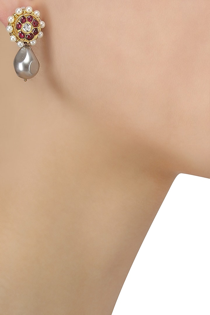 Aaharya presents Gold leafing kempstone and pearl tear drop shape earrings available only at Pernia's Pop Up Shop.