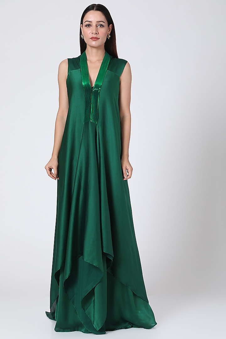 Green Metallic Draped Dress With Slip by Amit Aggarwal