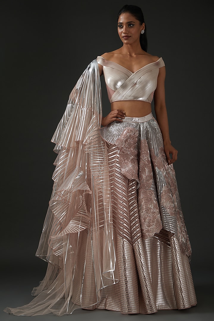 Nude Striped & Tulle Lehenga Set by Amit Aggarwal