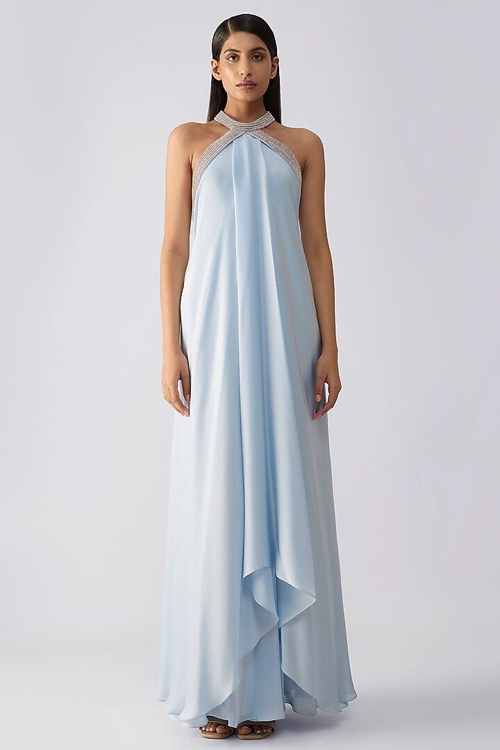 Ice Blue Satin Chiffon Fluid Party Wear Dress by Amit Aggarwal at Pernia's Pop Up Shop